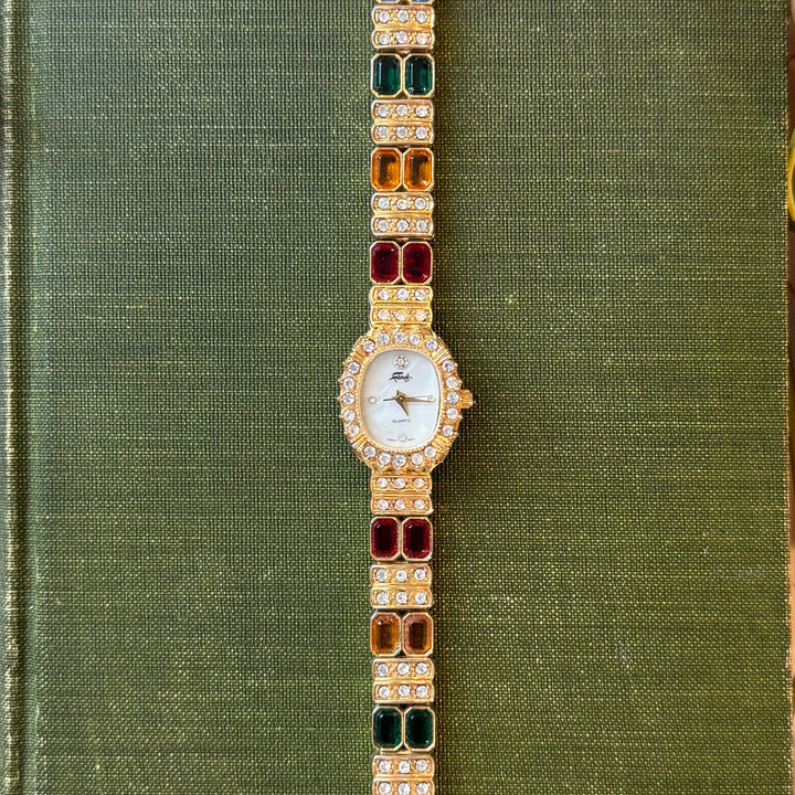 Gold Watch with Multicolored Rhinestones