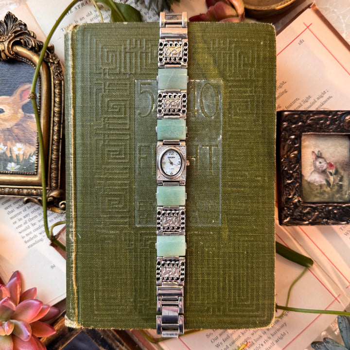 Silver Watch with Green Stones